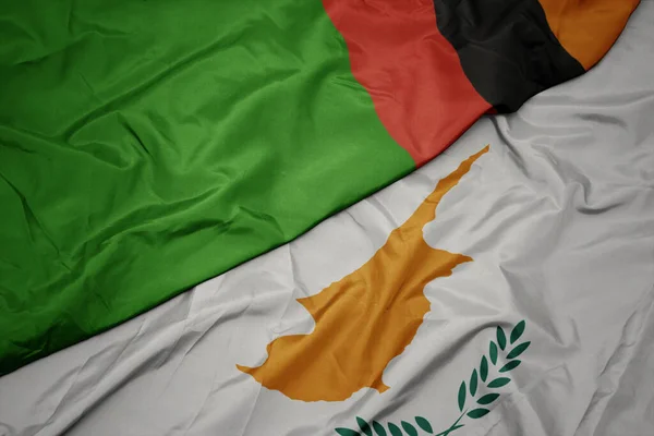Mávání Barevnou Vlajkou Cyprus Národní Vlajky Zambia Makro — Stock fotografie