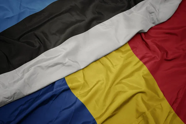 Zwaaiende Kleurrijke Vlag Van Romania Nationale Vlag Van Estonië Macro — Stockfoto