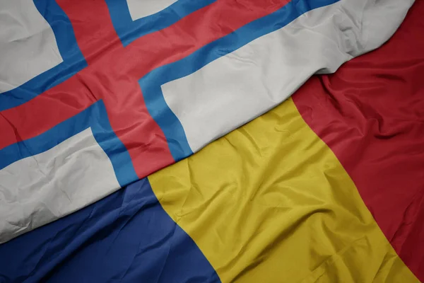 Waving Colorful Flag Romania National Flag Faroe Islands Macro — Stock Photo, Image