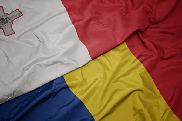 Waving Colorful Flag Romania National Flag Malta Macro — Stock Photo, Image