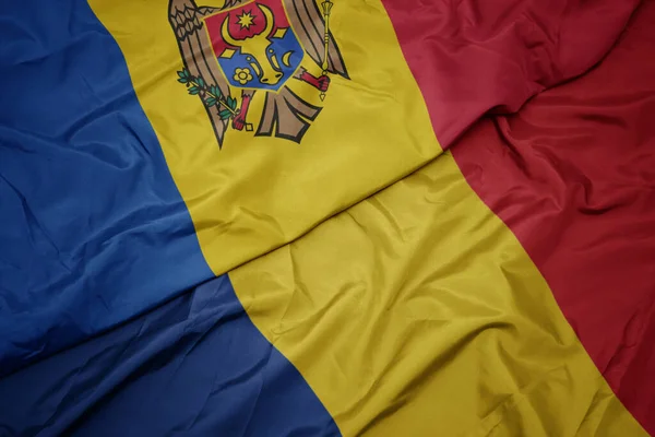 Zwaaiende Kleurrijke Vlag Van Romania Nationale Vlag Van Moldova Macro — Stockfoto