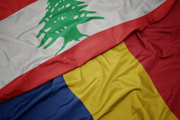Waving Colorful Flag Romania National Flag Lebanon Macro — Stock Photo, Image