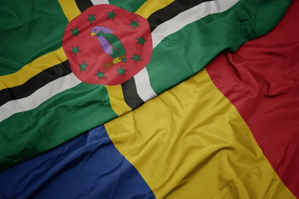 Acenando Bandeira Colorida Romênia Bandeira Nacional Dominica Macro — Fotografia de Stock