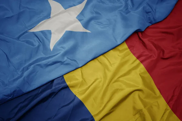 Waving Colorful Flag Romania National Flag Somalia Macro — Stock Photo, Image