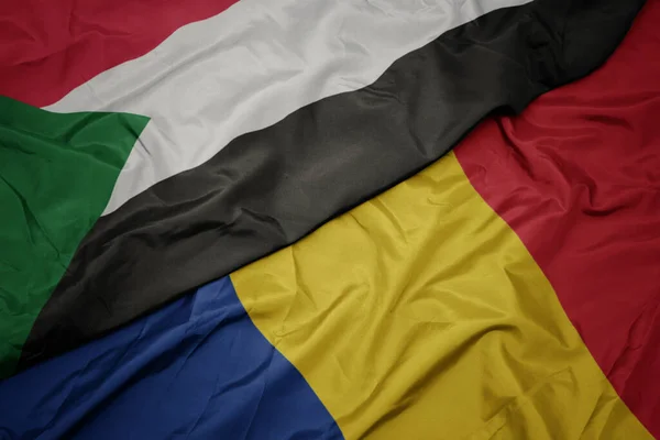 Ondeando Colorida Bandera Romania Bandera Nacional Sudan Macro —  Fotos de Stock
