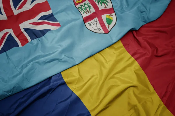 Waving Colorful Flag Romania National Flag Fiji Macro — Stock Photo, Image