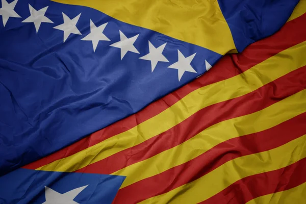 Ondeando Colorida Bandera Catalonia Bandera Nacional Bosnia Herzegovina Macro —  Fotos de Stock
