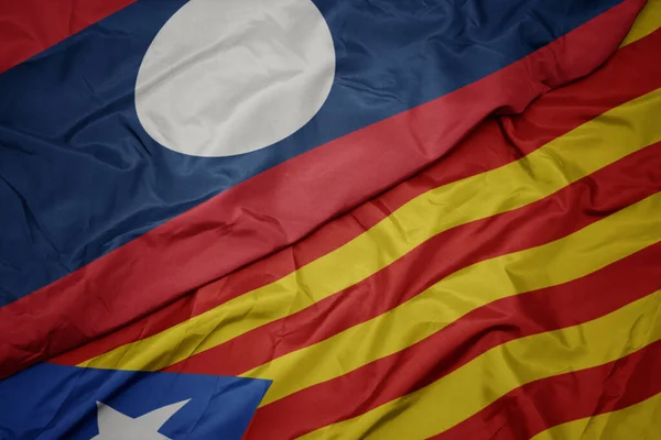 Ondeando Colorida Bandera Catalonia Bandera Nacional Laos Macro —  Fotos de Stock