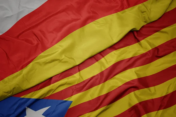 Ondeando Colorida Bandera Catalonia Bandera Nacional Osetia Del Sur Macro —  Fotos de Stock