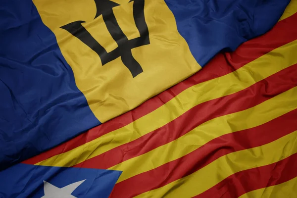 Waving Colorful Flag Catalonia National Flag Barbados Macro — Stock Photo, Image