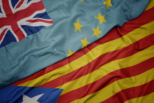 Acenando Bandeira Colorida Catalunha Bandeira Nacional Tuvalu Macro — Fotografia de Stock