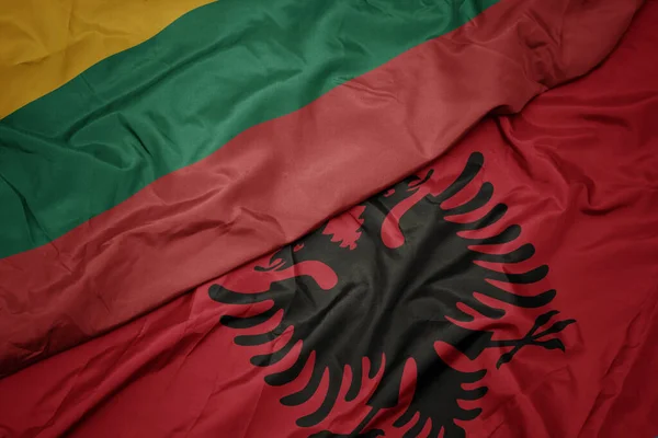 Waving Colorful Flag Albania National Flag Lithuania Macro — Stock Photo, Image