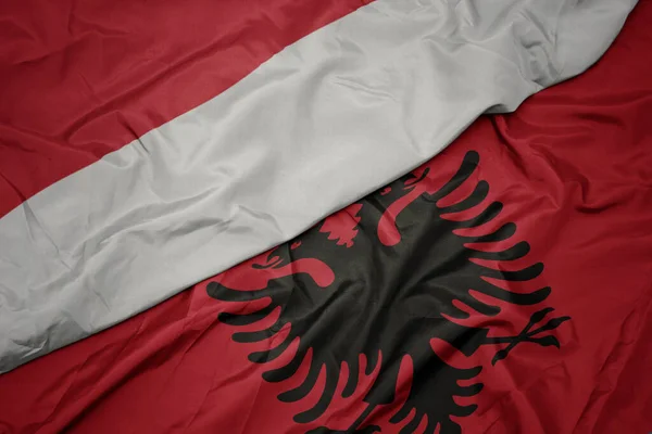 Sventolando Bandiera Colorata Albania Bandiera Nazionale Indonesia Macro — Foto Stock