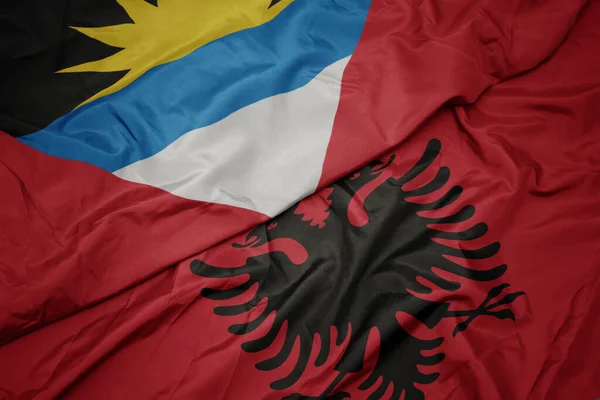 Waving Colorful Flag Albania National Flag Antigua Barbuda Macro — Stock Photo, Image