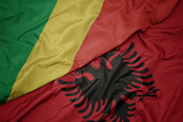 Waving Colorful Flag Albania National Flag Republic Congo Macro — Stock Photo, Image