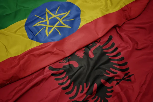 Waving Colorful Flag Albania National Flag Ethiopia Macro — Stock Photo, Image