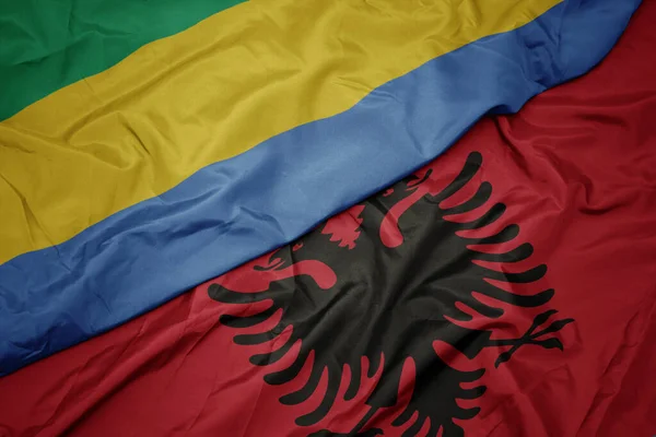 Waving Colorful Flag Albania National Flag Gabon Macro — Stock Photo, Image