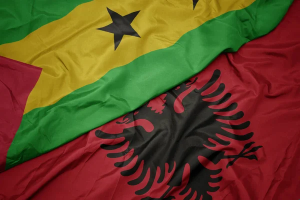 Waving Colorful Flag Albania National Flag Sao Tome Principe Macro — Stock Photo, Image