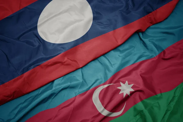 Acenando Bandeira Colorida Azerbaijan Bandeira Nacional Laos Macro — Fotografia de Stock