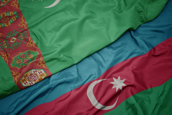 Acenando Bandeira Colorida Azerbaijan Bandeira Nacional Turkmenistan Macro — Fotografia de Stock