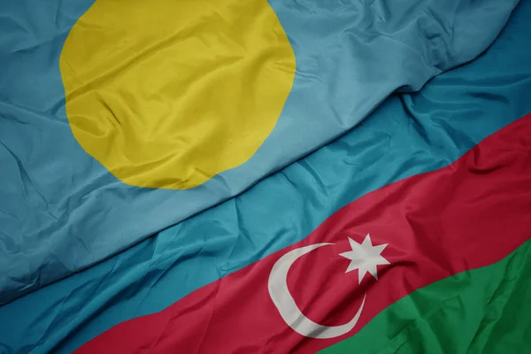 Acenando Bandeira Colorida Azerbaijan Bandeira Nacional Palau Macro — Fotografia de Stock