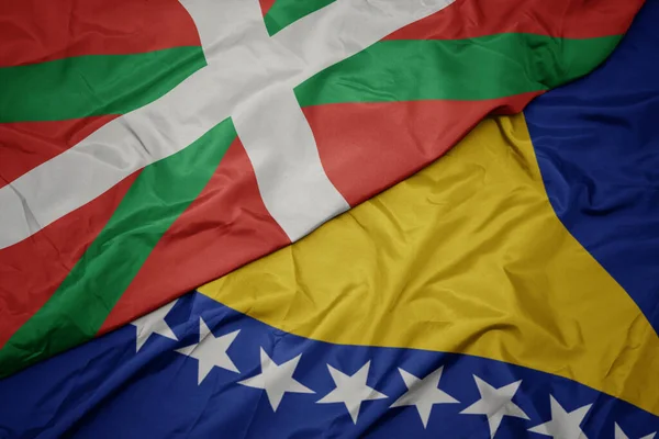 Zwaaiende Vlag Van Bosnië Herzegovina Nationale Vlag Van Baskenland Macro — Stockfoto