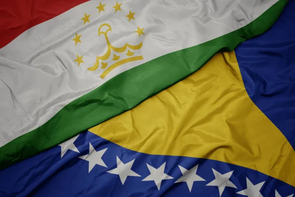 Mávající Barevnou Vlajkou Bosnie Herzegoviny Státní Vlajkou Tádžikistánu Makro — Stock fotografie