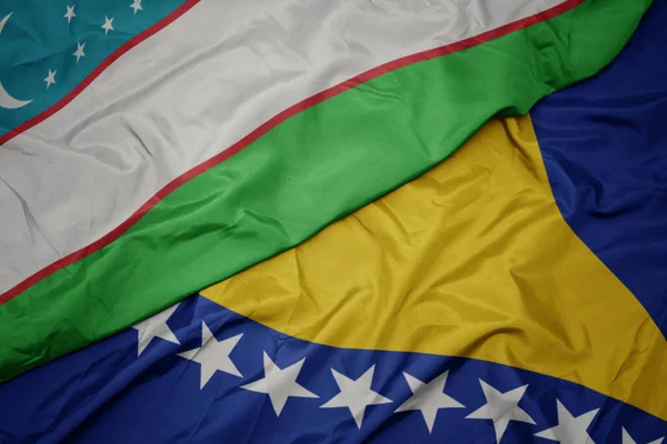 Waving Colorful Flag Bosnia Herzegovina National Flag Uzbekistan Macro — Stock Photo, Image