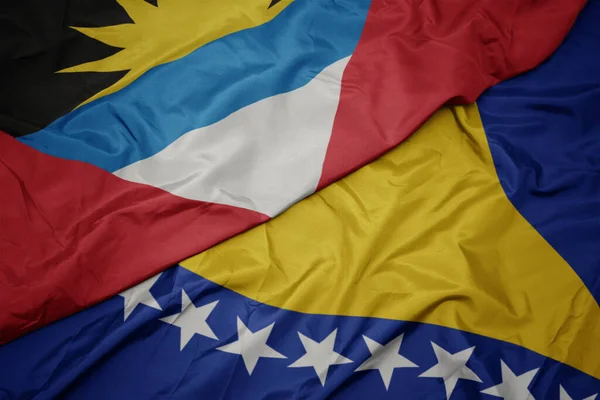 Acenando Bandeira Colorida Bósnia Herzegóvina Bandeira Nacional Antigua Barbuda Macro — Fotografia de Stock