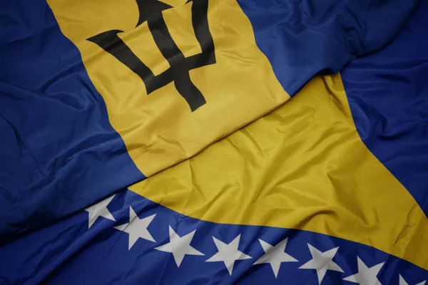 Ondeando Colorida Bandera Bosnia Herzegovina Bandera Nacional Barbados Macro —  Fotos de Stock