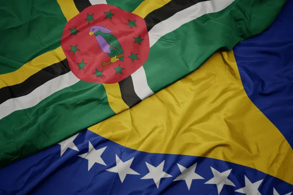 Acenando Bandeira Colorida Bósnia Herzegóvina Bandeira Nacional Dominica Macro — Fotografia de Stock