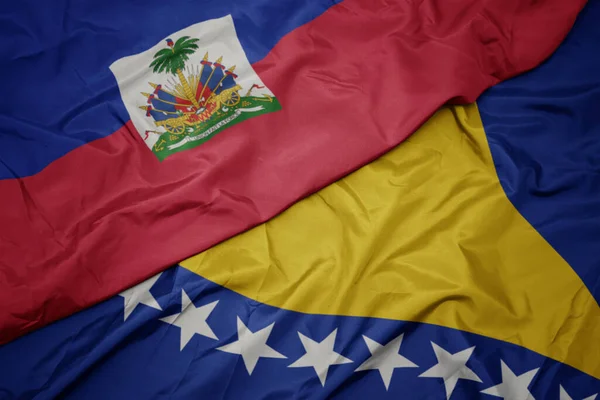Zwaaiende Vlag Van Bosnië Herzegovina Nationale Vlag Van Haïti Macro — Stockfoto