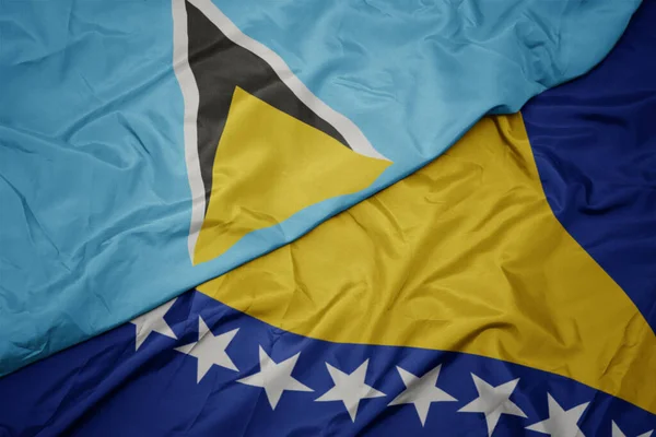 Machając Barwną Flagą Bośni Herezji Oraz Narodową Flagą Świętej Łucji — Zdjęcie stockowe