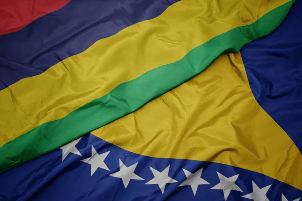 Acenando Bandeira Colorida Bósnia Herzegóvina Bandeira Nacional Mauritius Macro — Fotografia de Stock