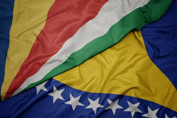 Színes Bosznia Herzegovina Zászlóját Lobogtatva Szihellák Nemzeti Zászlaját Lobogtatva Makroszintű — Stock Fotó