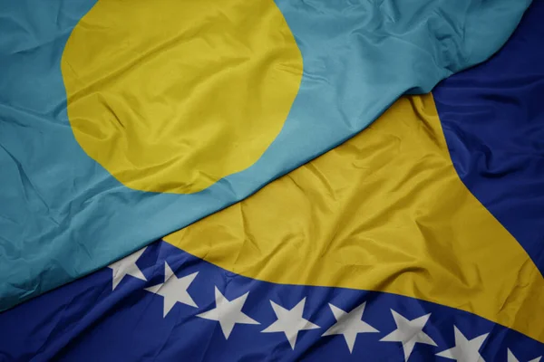 Mávání Barevnou Vlajkou Bosnia Herzegovina Národní Vlajky Palau Makro — Stock fotografie