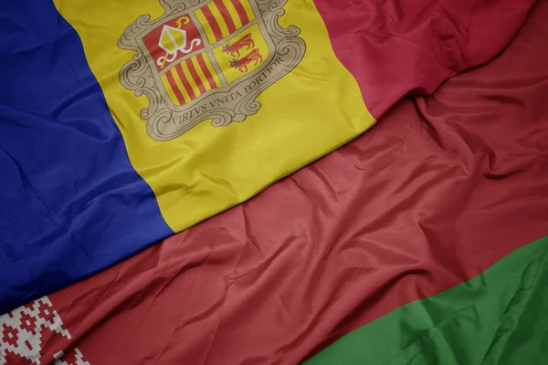Belarus Renkli Bayrağı Andorra Nın Ulusal Bayrağı Sallanıyordu Makro — Stok fotoğraf