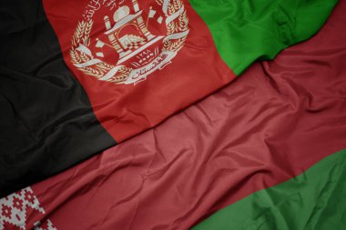 Beyaz Rusya 'nın renkli bayrağı ve Afganistan' ın ulusal bayrağı sallanıyor. makro