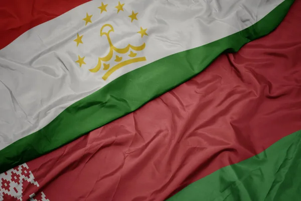 Beyaz Rusya Bayrağı Tacikistan Bayrağı Sallıyordu Makro — Stok fotoğraf