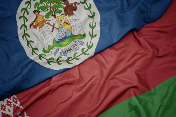 Zwaaiende Vlag Van Belarus Nationale Vlag Van Belize Macro — Stockfoto