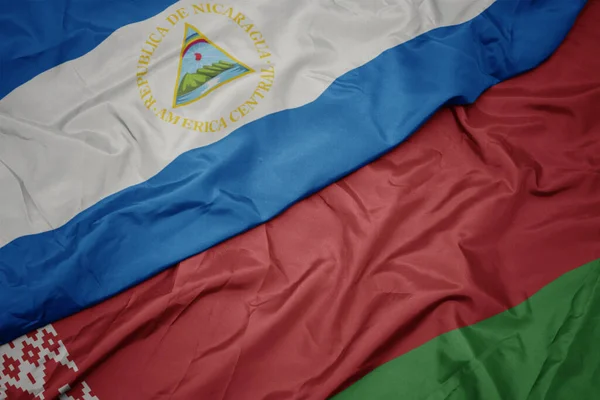 Ondulando Colorida Bandera Belarus Bandera Nacional Nicaragua Macro —  Fotos de Stock