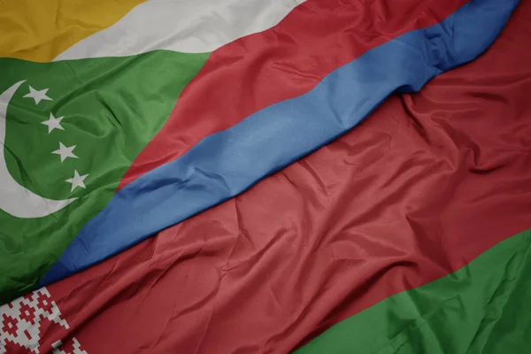 Waving Colorful Flag Belarus National Flag Comoros Macro — Stock Photo, Image