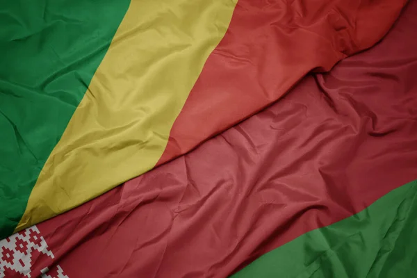 Ondulando Colorida Bandera Belarus Bandera Nacional República Del Congo Macro — Foto de Stock