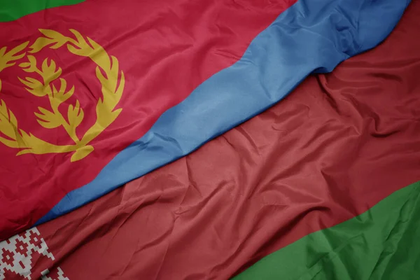 Beyaz Rusya Bayrağı Ulusal Eritrea Bayrağı Sallıyordu Makro — Stok fotoğraf