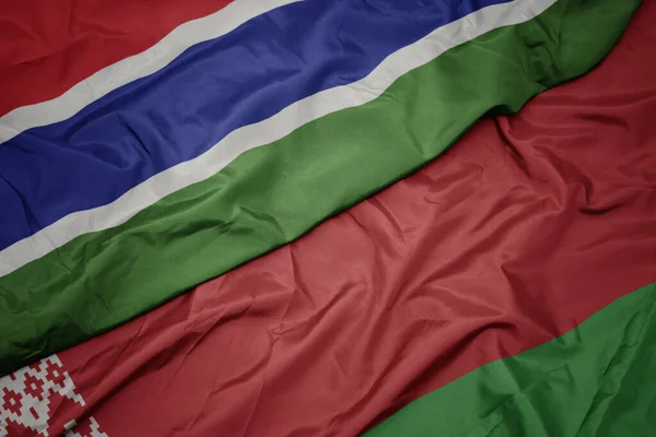 Waving Colorful Flag Belarus National Flag Gambia Macro — Stock Photo, Image