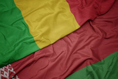 Belarus 'un renkli bayrağı ve Mali' nin ulusal bayrağı sallanıyor. makro
