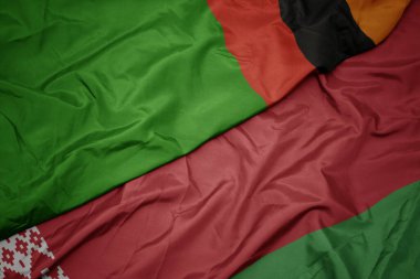 Beyaz Rusya bayrağı ve ulusal Zambiya bayrağı sallıyor. makro