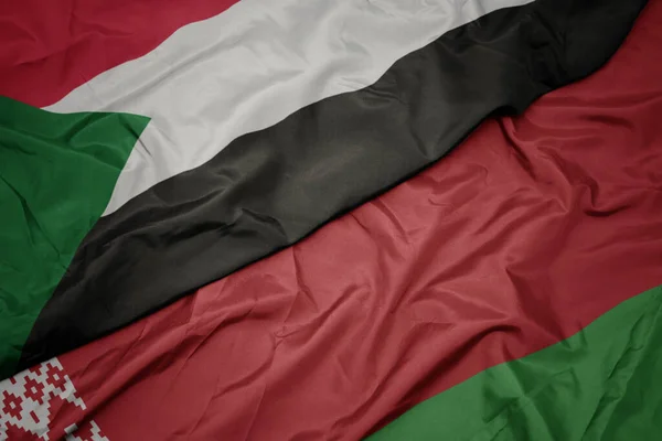 Waving Colorful Flag Belarus National Flag Sudan Macro — Stock Photo, Image