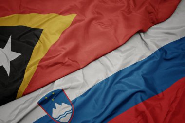 Slovenia 'nın renkli bayrağı ve Doğu Timor' un ulusal bayrağı sallanıyor. makro