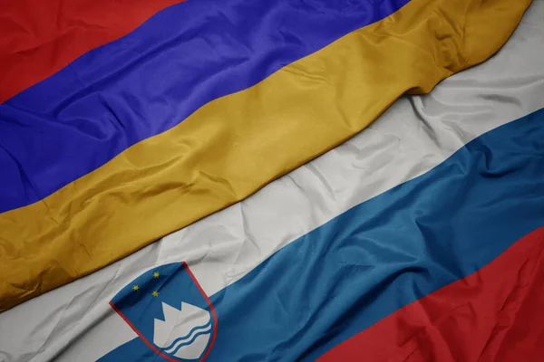 Acenando Bandeira Colorida Slovenia Bandeira Nacional Armenia Macro — Fotografia de Stock